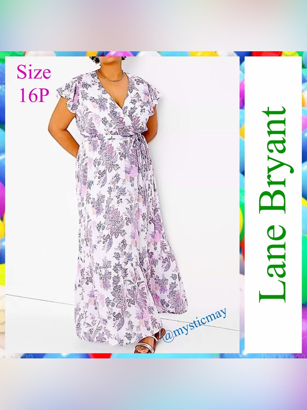LANE BRYANT White w Purple Floral Print Flutter Sleeve Surplice Maxi Dress Sz 16